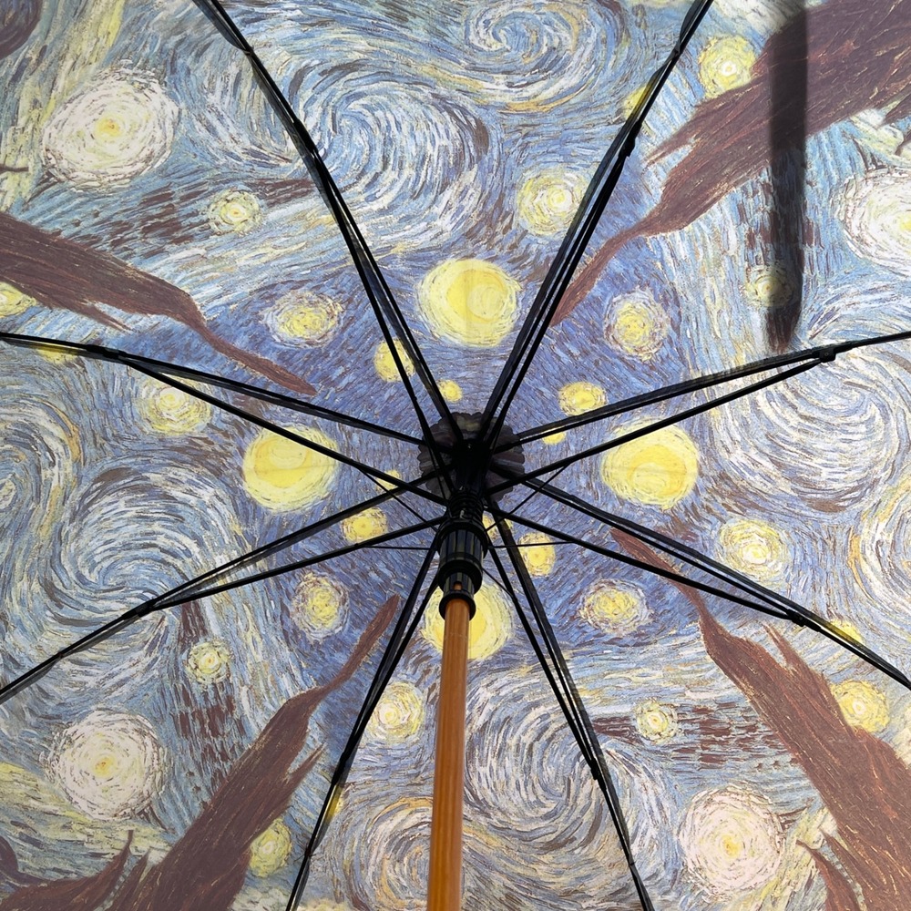 Van Gogh The Starry Night Art Print Umbrella Curved Wood Handle Blue Yellow - Picture 6 of 9